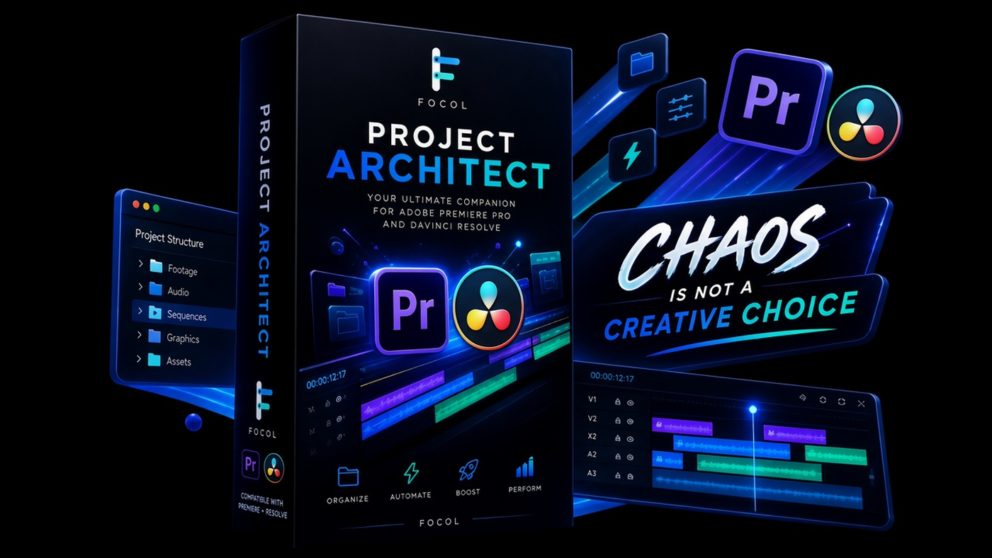 Project Architect product shot: Suite box for Adobe Premiere Pro and DaVinci Resolve, with project structure and timeline