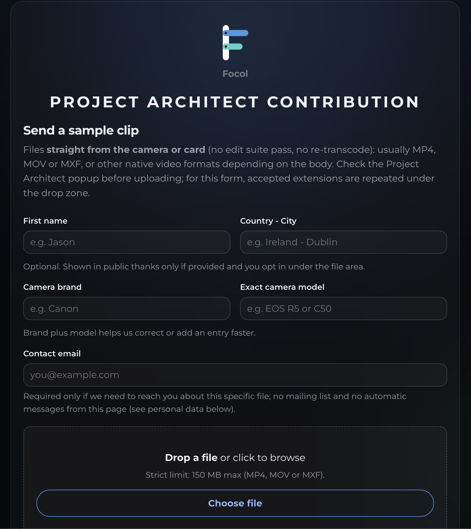 The contribute form: brand, exact model, optional contact, then a native clip from the camera or card (150 MB max).
