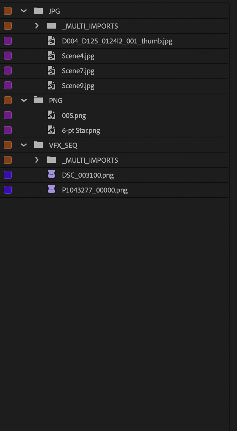 Stills split by type: JPG, PNG, and VFX image sequences.