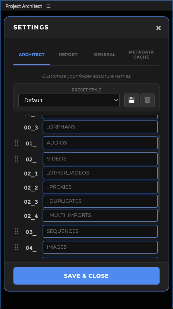 Architect settings: drag a family to reorder. Prefixes follow; 00 and 99 stay put.