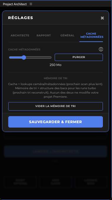 Project Architect settings, Metadata cache tab: 250 MB slider, Purge, and Sort memory with Clear sort memory.