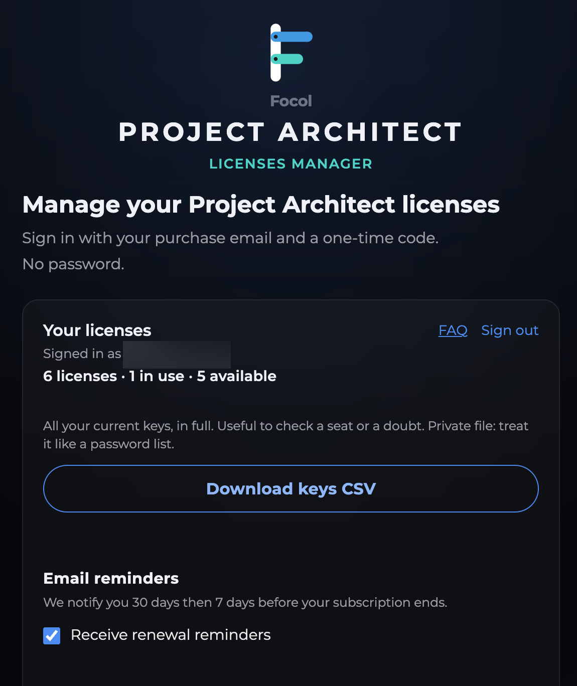 Once signed in: how many licenses, how many in use, and CSV download.