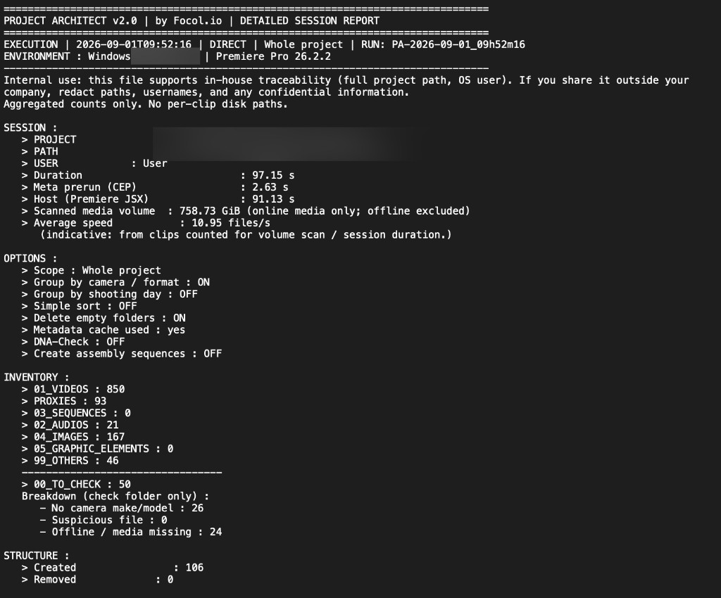Detailed session report from a real run: 758 GiB scanned, 850 clips, about 97 seconds. Paths redacted.
