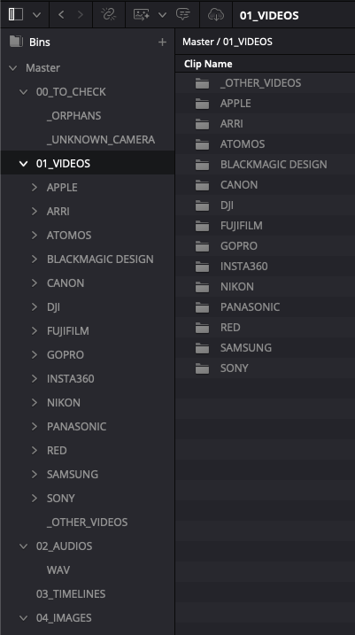 DaVinci Resolve Media Pool after: 01_VIDEOS by camera brand (Apple, ARRI, Canon, RED, Sony…), plus TO_CHECK, audio, timelines, images.