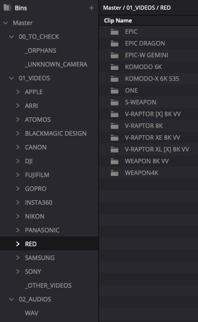DaVinci Resolve Media Pool: RED models under 01_VIDEOS (Komodo, V-RAPTOR, Weapon…).