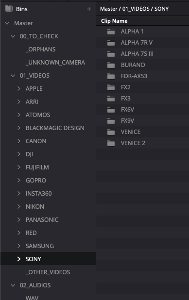 DaVinci Resolve Media Pool: Sony models under 01_VIDEOS (Alpha, Burano, FX, Venice, Venice 2).