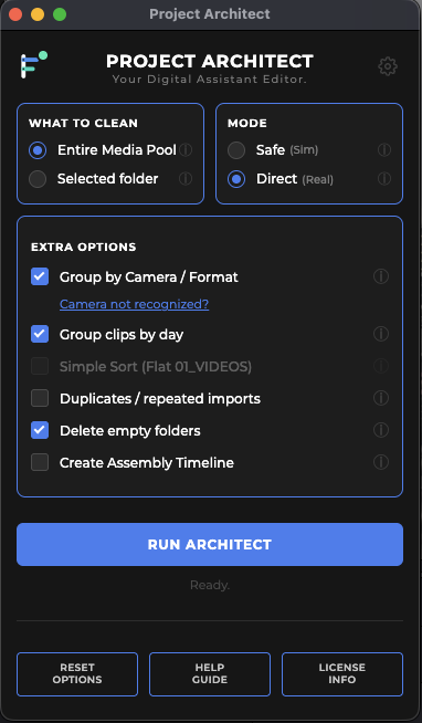 Project Architect panel in DaVinci Resolve: Entire Media Pool, Direct, group by camera and day, then Run Architect.